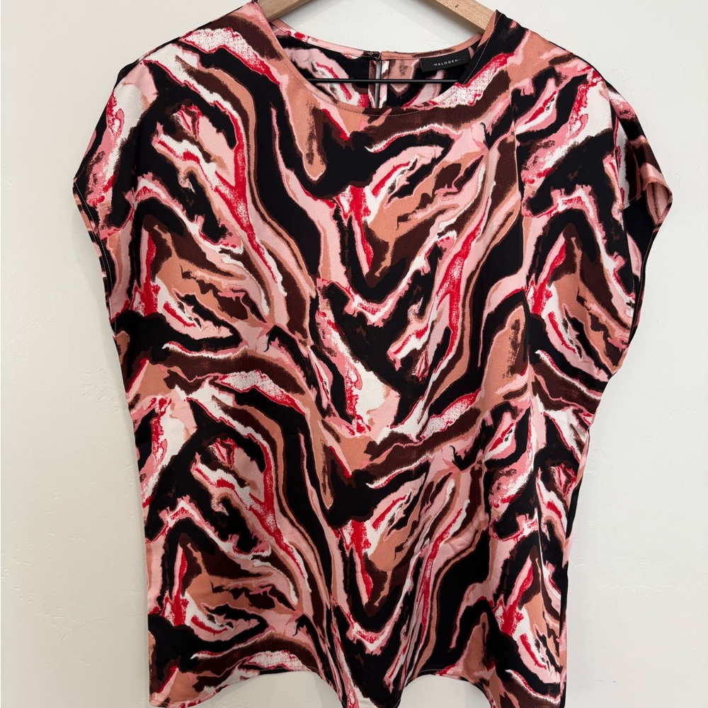 Halogen Abstract Print‎ Short Sleeve Blouse Size L Pink and Brown